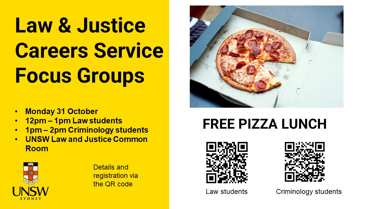 这张幻灯片详细介绍了法律与正义职业服务焦点小组的时间和地点，以及免费的披萨午餐，包括用于注册的QR码