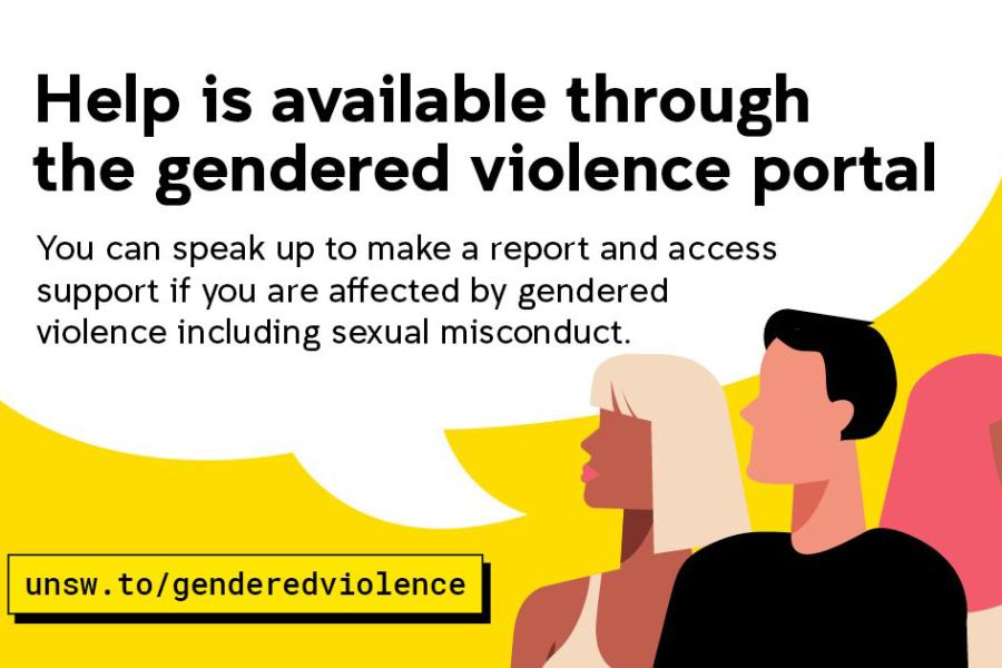 一张四人站在黄色背景下的插图，上面写着“通过性别暴力门户网站提供帮助”。