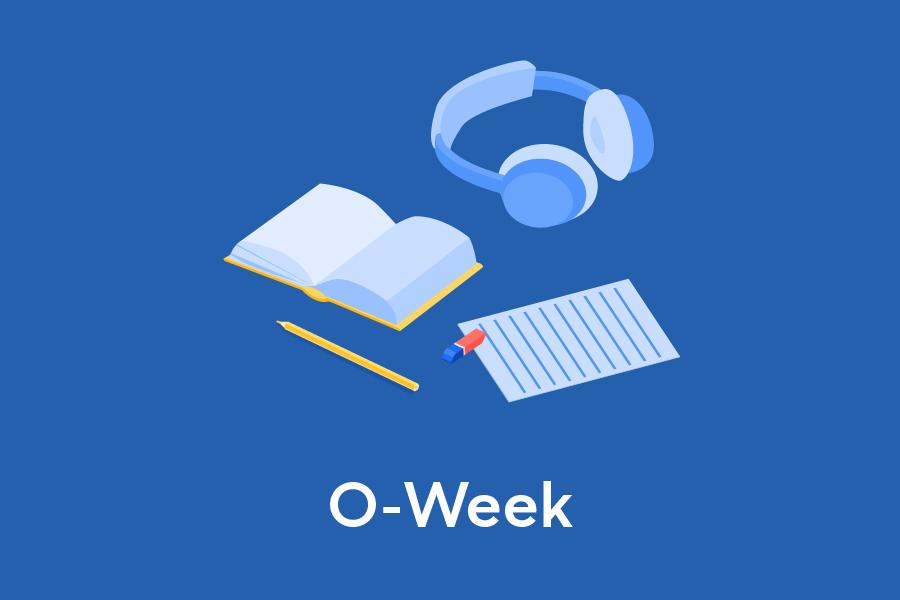 文本读O-Week，图形的笔记本电脑，书，耳机和铅笔