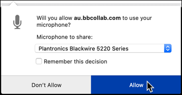 弹出“您是否允许au.bbcollab.com使用您的麦克风?”的屏幕截图，鼠标悬停在“允许”按钮上