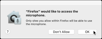 弹出“Firefox想要访问麦克风”的屏幕截图，鼠标光标悬停在“OK”上
